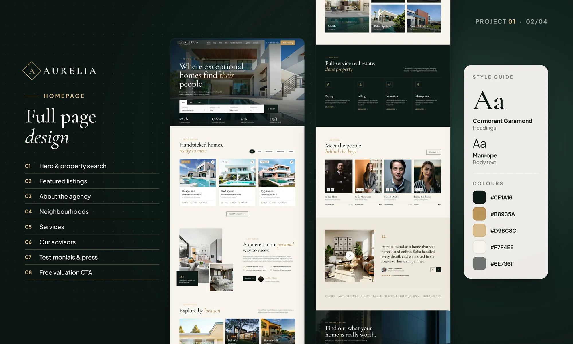 Aurelia Estates concept full homepage design with style guide