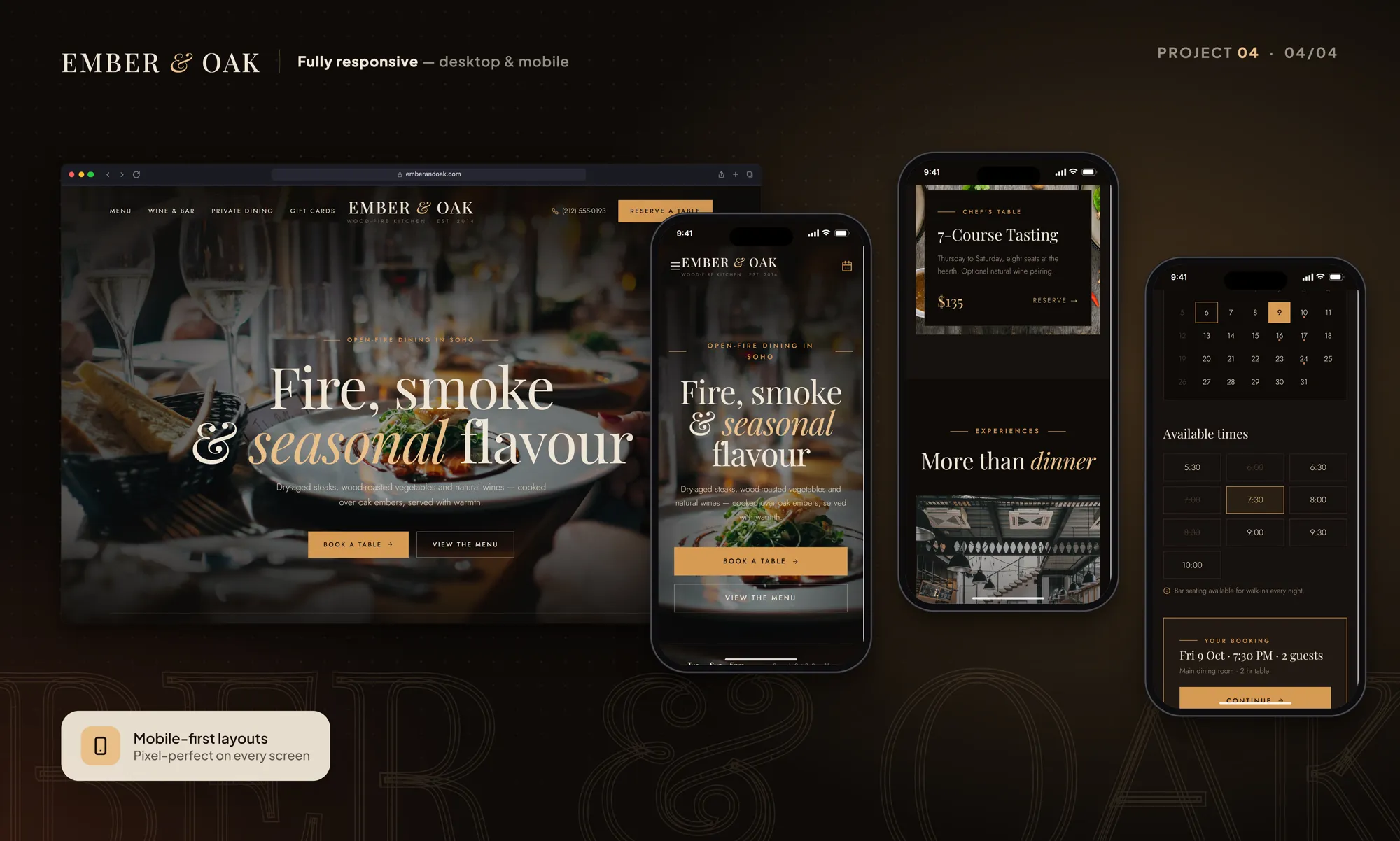 Ember & Oak concept responsive layouts on desktop, tablet and mobile