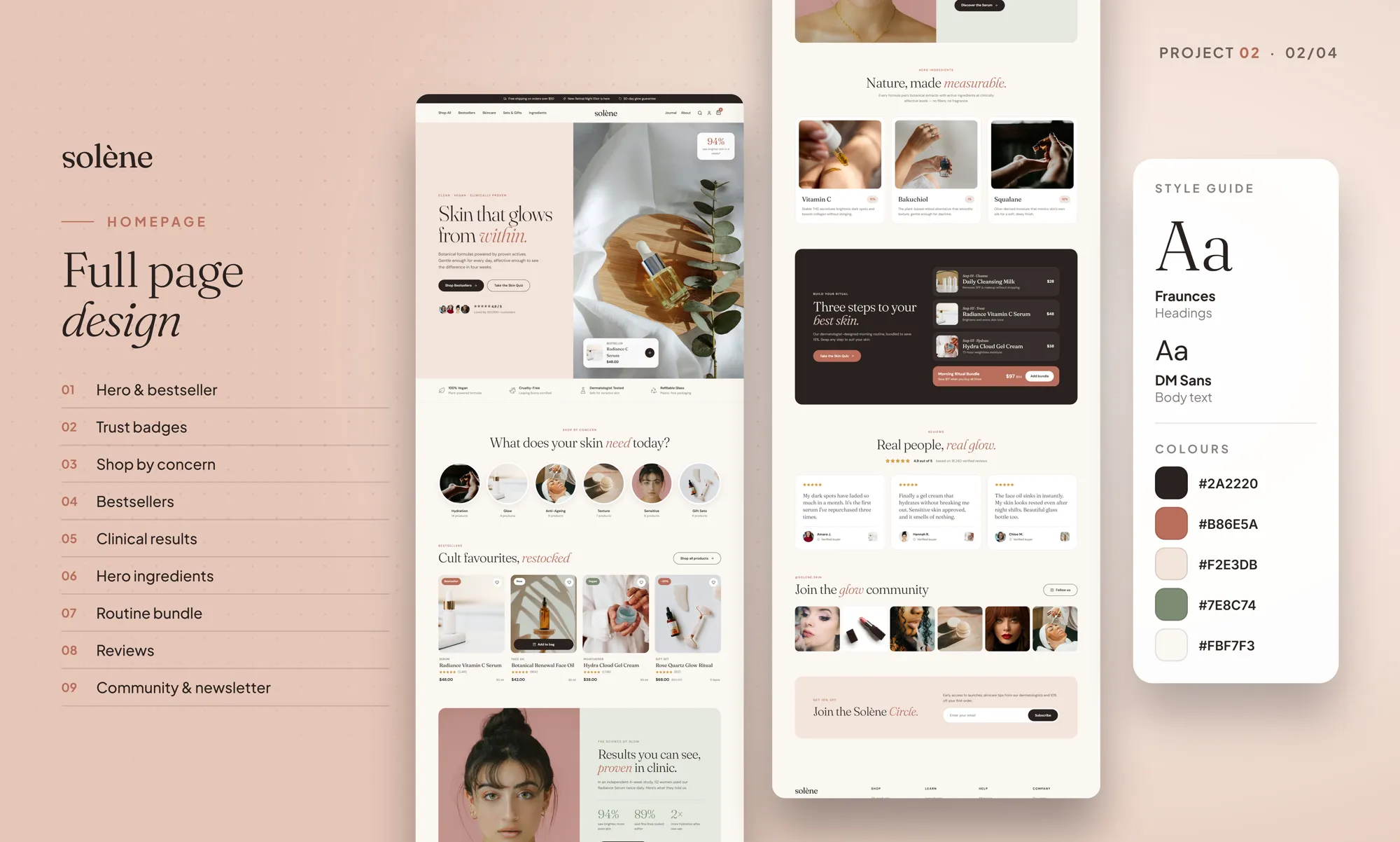 Solène Skincare concept full homepage design with style guide