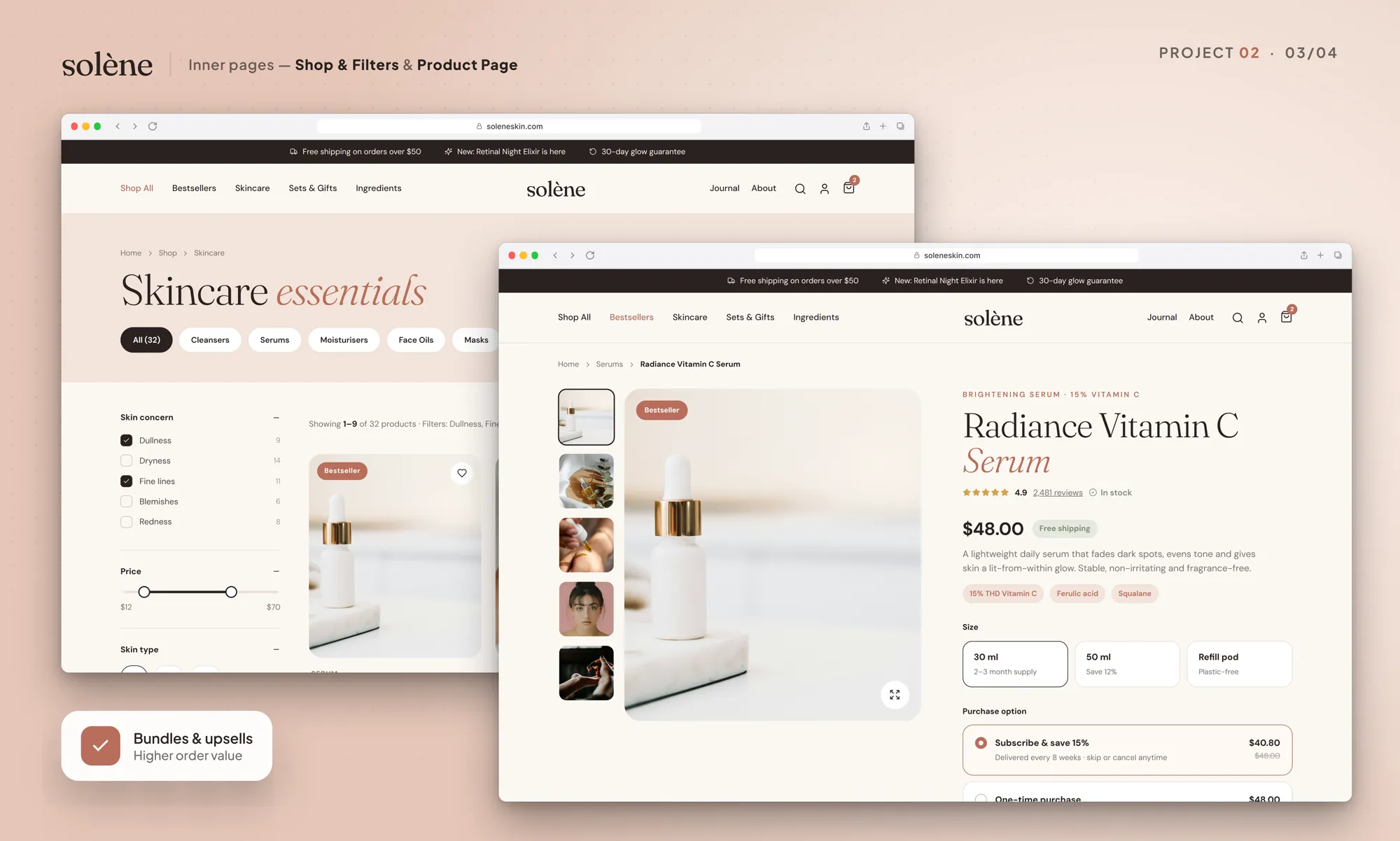 Solène Skincare concept inner page designs