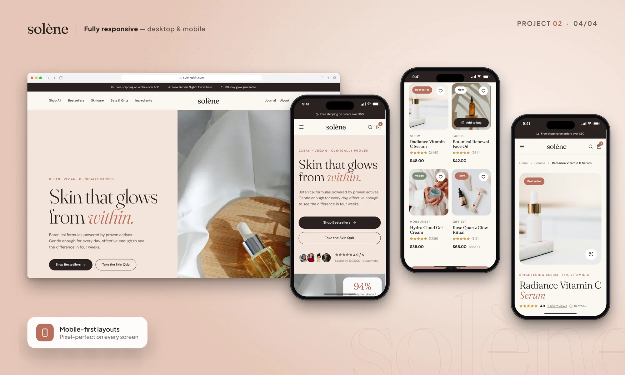 Solène Skincare concept responsive layouts on desktop, tablet and mobile