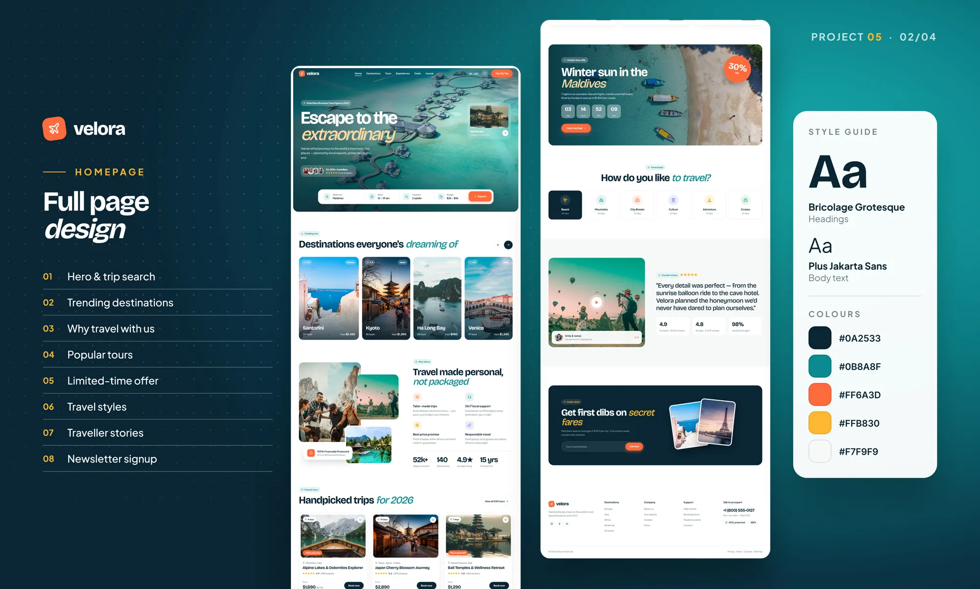 Velora concept full homepage design with style guide